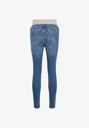 Blå denimjeans med en grå taljebånd, tætsiddende design og to baglommer, med en glat tekstur og minimale syninger.