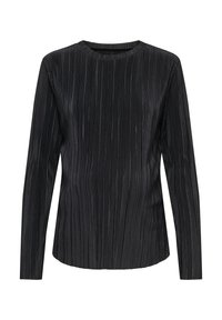 Μαύρο τοπ με μακριά μανίκια και ριμπ υφή, στρογγυλή λαιμόκοψη και εφαρμοστή σιλουέτα. Το ύφασμα διαθέτει κάθετες πιέτες για επιπλέον λεπτομέρεια.