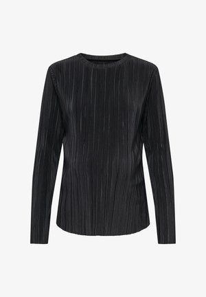 Top negro de manga larga con textura acanalada, escote redondo y silueta ajustada. La tela presenta pliegues verticales para un detalle adicional.