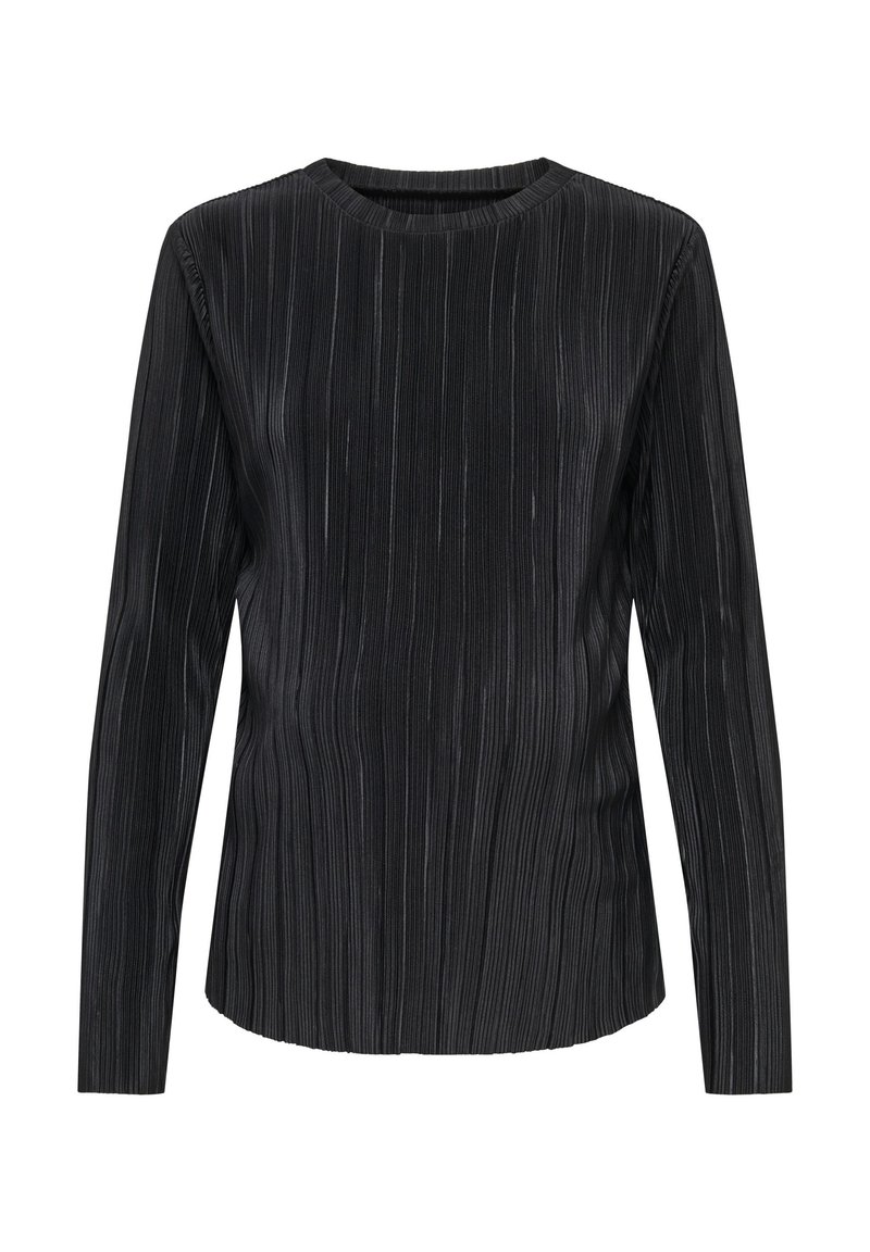 Μαύρο τοπ με μακριά μανίκια και ριμπ υφή, στρογγυλή λαιμόκοψη και εφαρμοστή σιλουέτα. Το ύφασμα διαθέτει κάθετες πιέτες για επιπλέον λεπτομέρεια.