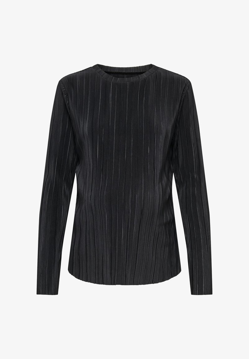 Μαύρο τοπ με μακριά μανίκια και ριμπ υφή, στρογγυλή λαιμόκοψη και εφαρμοστή σιλουέτα. Το ύφασμα διαθέτει κάθετες πιέτες για επιπλέον λεπτομέρεια.