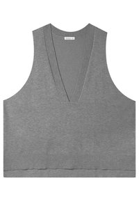 Gilet sans manches en tricot gris avec col en V et finition côtelée le long du col et de l'ourlet.