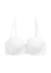 Sujetador blanco sin tirantes con copas acolchadas suaves y una intrincada banda de encaje, que cuenta con tirantes ajustables y cierre de gancho y ojo en la parte posterior.