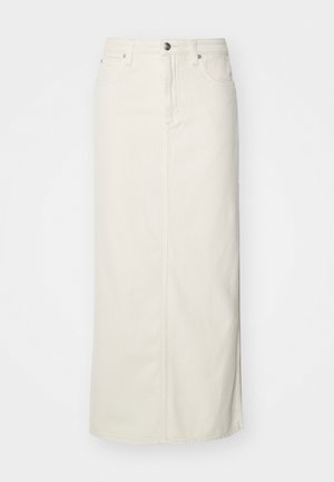 Hvid denim midi-nederdel med lige snit, frontknaplukning og to sidelommer. Har søm-detaljer og en diskret slidse i hemmen.