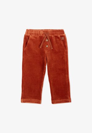 Pantalon en velours côtelé couleur rouille pour tout-petit avec taille élastique, cordon de serrage, deux poches avant et deux boutons en bois sur le devant.