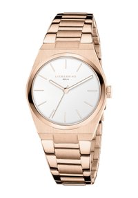 Roséguld metallklocka med rektangulärt boett, vit urtavla, minimalistiska timmarkörer och en länkad armband. Varumärket på urtavlan.