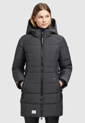 Black padded parka coat with a zip front, adjustable hood, side pockets, and elastic detailing at the waist for a fitted silhouette.