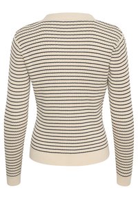 Pulover din tricot cu model striat, de culoare crem, cu dungi orizontale negre. Prezintă un decolteu rotund și o siluetă ajustată, evidențiind textura și modelul.