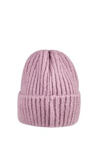 Pink knitted beanie hat with vertical ribbing, featuring a folded cuff and soft texture.
