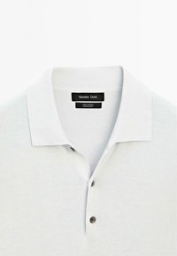 Ljusgrå bomullspolo med ribbad krage, tvåknapplåsning och en etikett med "Massimo Dutti" samt skötselinformation.