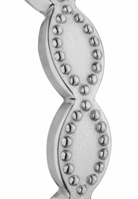 Silbernes Metallglied mit ovaler Form und kleinen runden Perlen entlang der Kanten, glatte Oberfläche mit polierter Verarbeitung.