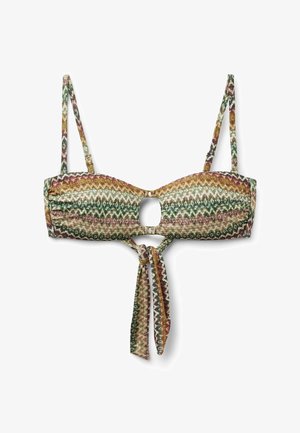Bikini-Oberteil mit grünem, braunem und beigem Zickzackmuster, verstellbaren Schulterriemen, vorderseitigem Ausschnitt und Bindverschluss in der unteren Mitte.