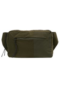 Olive zelená nylonová crossbody taška obdélníkového tvaru, s přední kapsou na zip a nastavitelným popruhem. Obsahuje různé odstíny zelené.