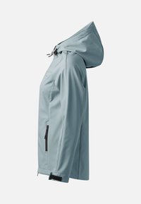 Veste imperméable bleu clair avec capuche, poche latérale zippée et sangle de manchette réglable montrée de profil sur fond blanc.