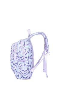 Purple patterned backpack featuring multiple zippered compartments, padded shoulder straps, and a mesh side pocket for storage.