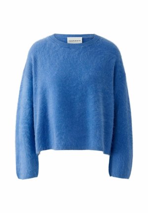 Blauwe cashmere trui met een ontspannen pasvorm, ronde halslijn en lange mouwen. Zachte, gestructureerde oppervlak met een lichte pluis en een cropped ontwerp.