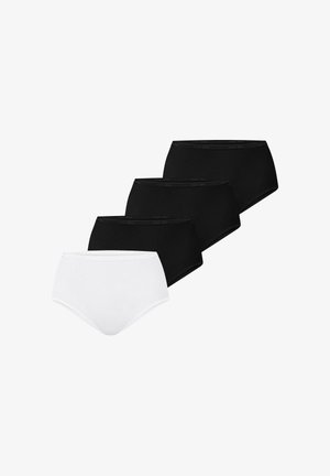 Quatre culottes taille haute pour femmes, de style slip, en noir et blanc, disposées côte à côte sur un fond blanc.