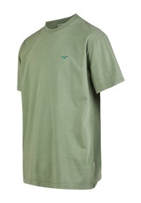 Helles grünes Baumwoll-T-Shirt mit rundem Halsausschnitt und kurzen Ärmeln, auf der linken Brustseite mit einem kleinen blauen Vogel-Logo versehen.