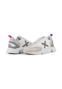 White and light gray sneakers with pink accents. Features mesh and suede textures, a padded collar, and a prominent "X" logo on the sides.