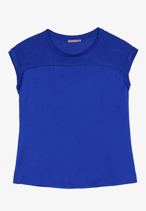 Haut pour femme bleu royal à manches courtes avec un col rond et une texture lisse, featuring un panneau contrastant sur le haut du devant.