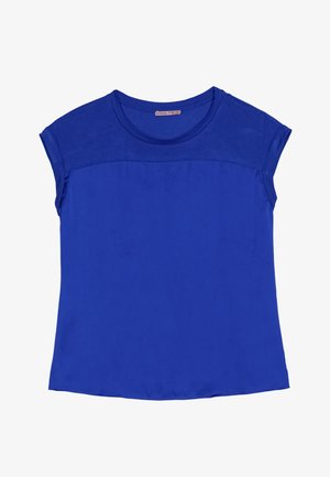 Kuningasinine lühikeste varrukatega naiste topp ümmarguse kaelusega ja siledast tekstuurist, millel on kontrastpaneel ülemisel ees.