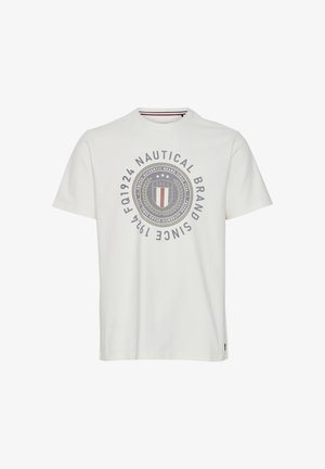 Tricou alb din bumbac cu guler rotund și mâneci scurte. Prezintă un design grafic gri al unei embleme nautice cu text și detalii cu laur.