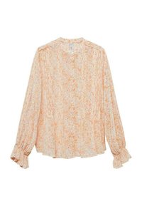 Bloes met bloemmotief in licht perzik met lange mouwen, gerimpelde manchetten en subtiele plooidetails. Gemaakt van een lichtgewicht stof.