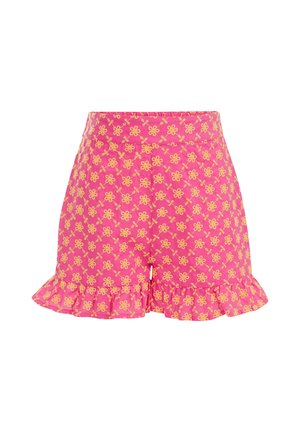 Pantalones cortos rosas con un patrón floral en amarillo. Presentan un dobladillo con volantes y una cintura ajustada. Están hechos de una tela ligera.