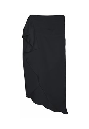 Black asymmetrical skirt with a flowing design and textured fabric, featuring a subtle ruffled overlay along one side.
