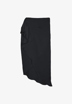 Black asymmetrical skirt with a flowing design and textured fabric, featuring a subtle ruffled overlay along one side.