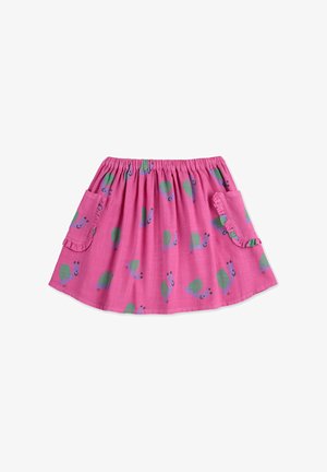Gonna rosa con vita elastica, decorata con motivi di lumache verdi e blu, una tasca arricciata su un lato e un tessuto leggero.