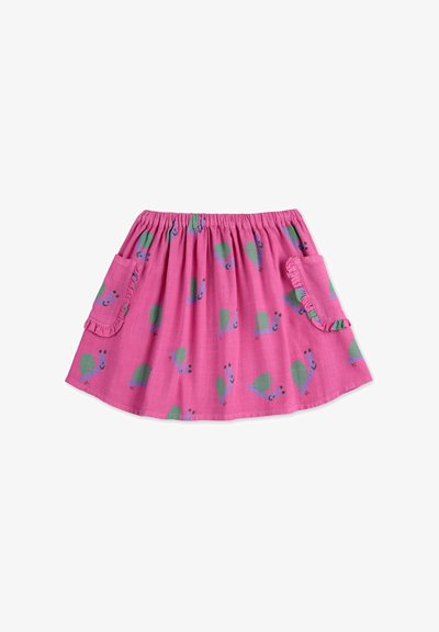Pink skirt with an elastic waistband, featuring green and blue snail patterns, a ruffled pocket on one side, and a lightweight fabric.