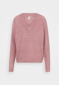 Rosa, mjuk stickad tröja med djup V-ringning, ribbade muddar och fåll. Tyget har en subtil struktur och en avslappnad passform. Stl-märket synligt.