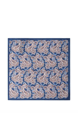 Blauw stoffen vierkant met herhalende paisleypatronen in beige, lichtblauwe en bruine tinten, gerangschikt in diagonale rijen.