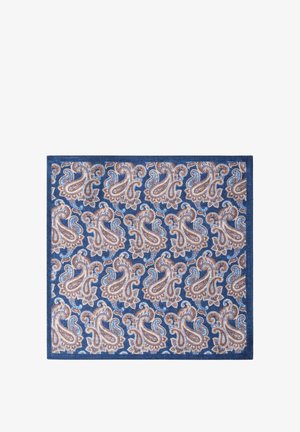 Blue fabric square with repeating paisley patterns in beige, light blue, and brown tones, arranged in diagonal rows.