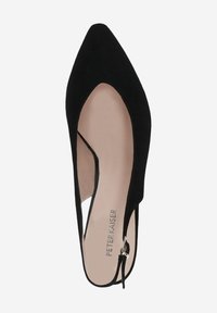 Black suede slingback heel with a pointed toe, cut-out sides, and a thin ankle strap. Interior features a light-colored insole with branding.