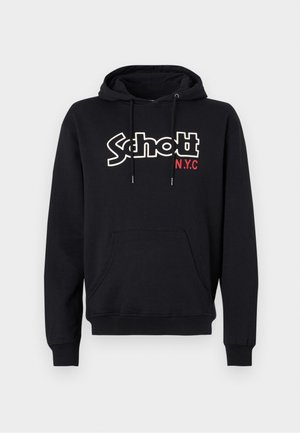 Sort hættetrøje lavet af blødt stof med en stor hvid "Schott"-logo og "N.Y.C" i rødt. Inkluderer snoretræk og en lomme foran.