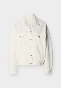 Λευκό τζιν μπουφάν με κλείσιμο με κουμπιά στο μπροστινό μέρος, δύο τσέπες στο στήθος με καπάκι και κουμπιά, μακριά μανίκια και μυτερό γιακά.