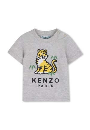 Grijs katoenen T-shirt met korte mouwen, met een tijgerafbeelding in geel en zwart, en de tekst "KENZO PARIS" eronder gedrukt.