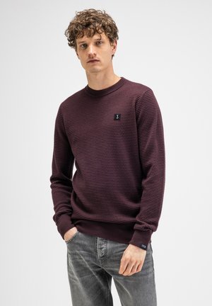 Junger Mann mit lockigem Haar, der einen strukturierten dunkelvioletten Pullover und graue Jeans trägt, steht mit einer Hand in der Tasche vor weißem Hintergrund.