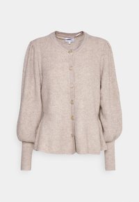 Cárdigan de punto beige con mangas largas abullonadas, puños acanalados, escote redondo, bajo tipo peplum y seis botones dorados en la parte delantera.