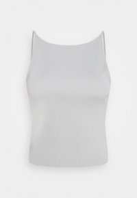 Camisola de alças finas em cinza claro com textura canelada e silhueta ajustada. Textura suave, sem padrões, e decote arredondado.