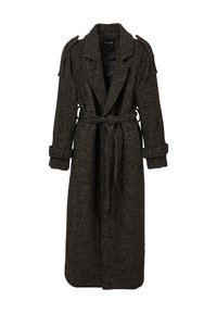 Cappotto lungo in nero e grigio a spina di pesce, con vita regolabile da una cintura, ampie alette e maniche arrotolate. Realizzato in un tessuto misto lana vetriato.