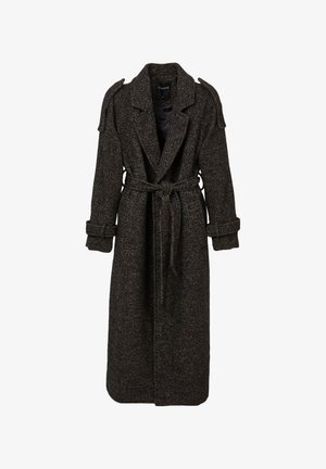Langer schwarzer und grauer Fischgrätenmantel mit einem taillierten Gürtel, breiten Revers und umgeschlagenen Ärmeln. Hergestellt aus einem strukturierten Wollgemisch.