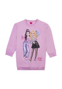 Lila Sweatshirt mit zwei Cartoonfiguren. Eine Figur trägt glitzernde Hosen und ein pinkes Oberteil; die andere trägt ein gemustertes Oberteil und einen schwarzen Rock.