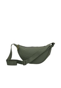 Borsa a vita in tessuto verde oliva con tracolla regolabile e chiusura a zip, mostrata su uno sfondo bianco.