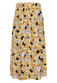 Fustă florală cu plisuri, talie elastică și un model multicolor cu nuanțe de galben, portocaliu și lavandă, pe un fond deschis.