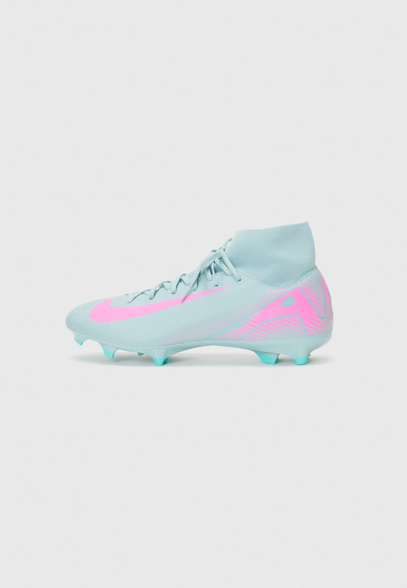 Light blue soccer cleat with a pink accent and textured pattern, featuring a high ankle design and molded studs for traction.