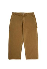 Braune Cargo-Hosen aus schwerer Baumwolle, mit entspannter Passform, mehreren Taschen und flachem Vorderdesign.