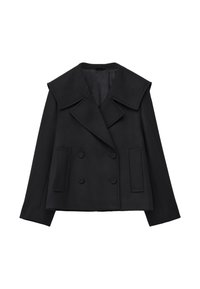 Black wool peacoat with large collar, double-breasted buttons, two front pockets, and tailored fit. Smooth texture and structured shape.